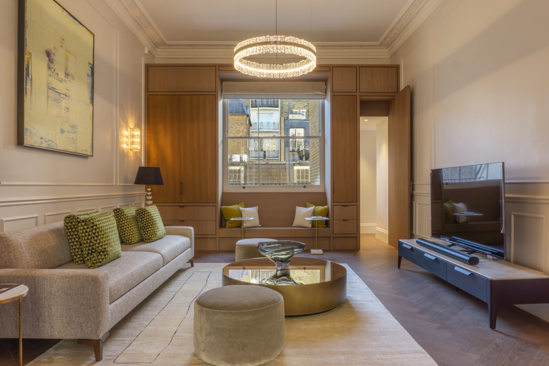 Living room with bespoke oak joinery and window seat