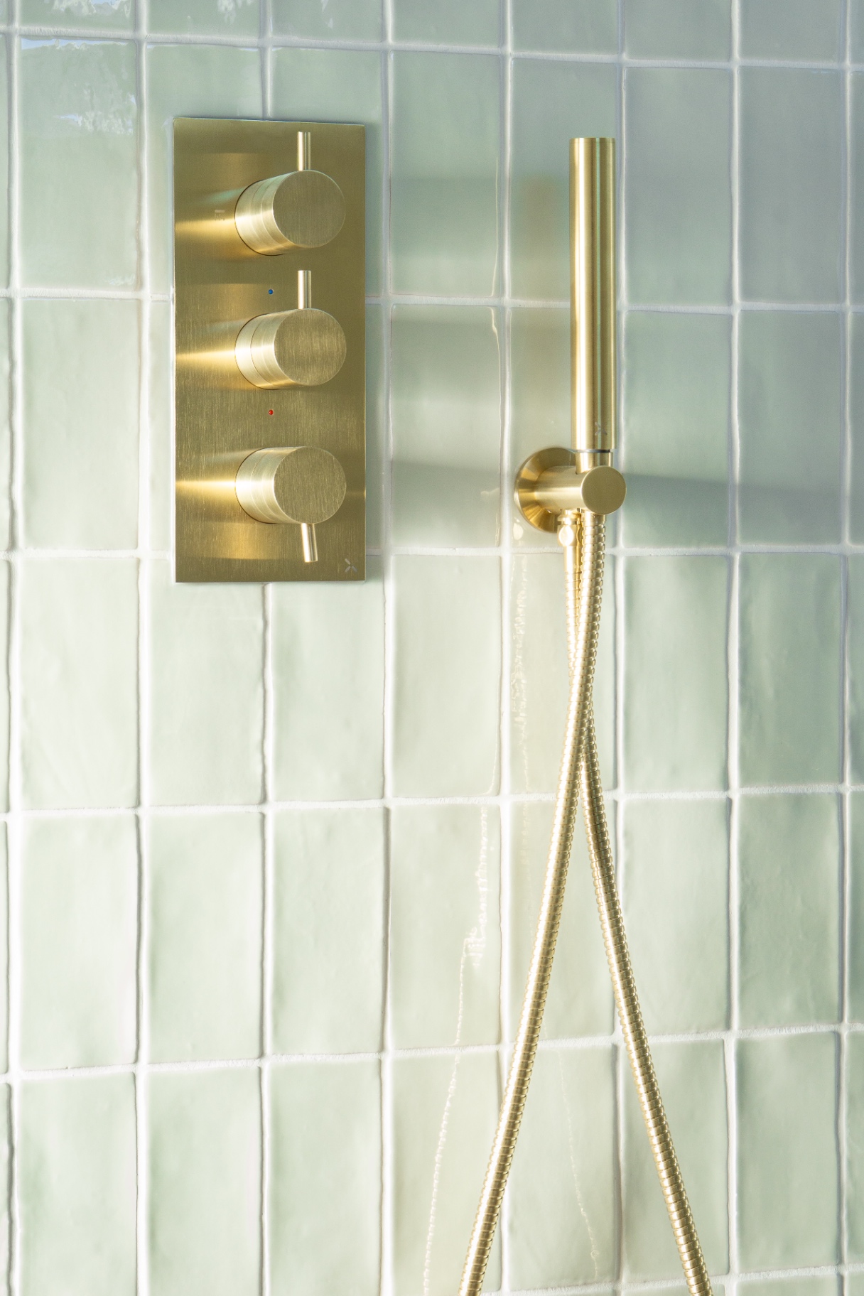 Bathroom detail with brushed brass shower valve and handset